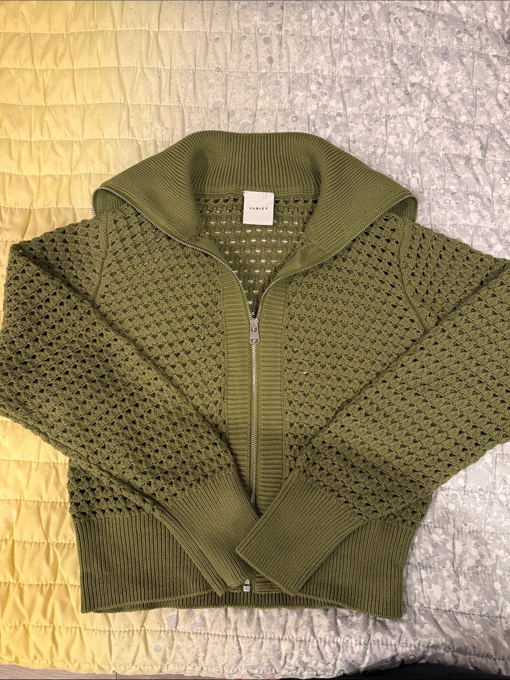 Varley Olive Green Open-Knit Zip Cardigan